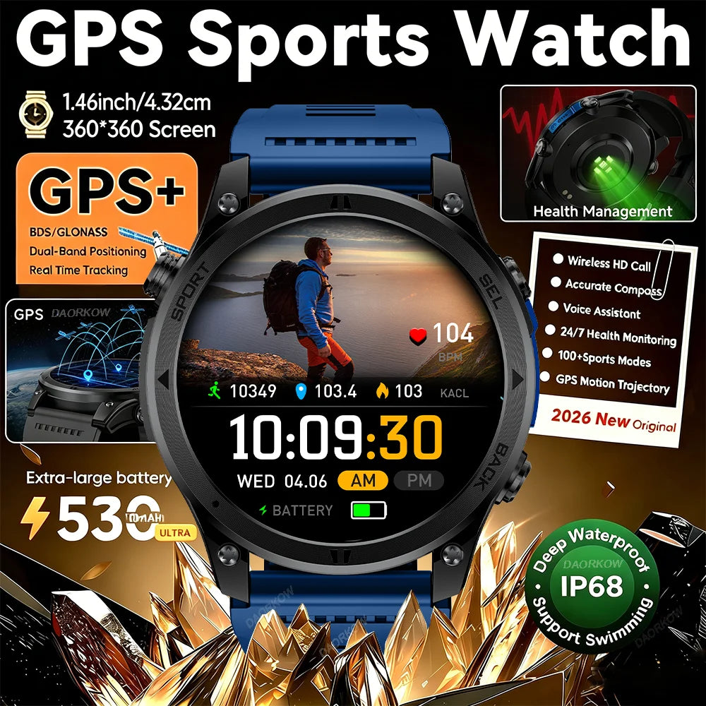 2026NEW Smart Watch Outdoors Sports MAN Bluetooth Call IP68 Waterproof Heart Rate GPS HD Screen Large Battery Health Monitoring