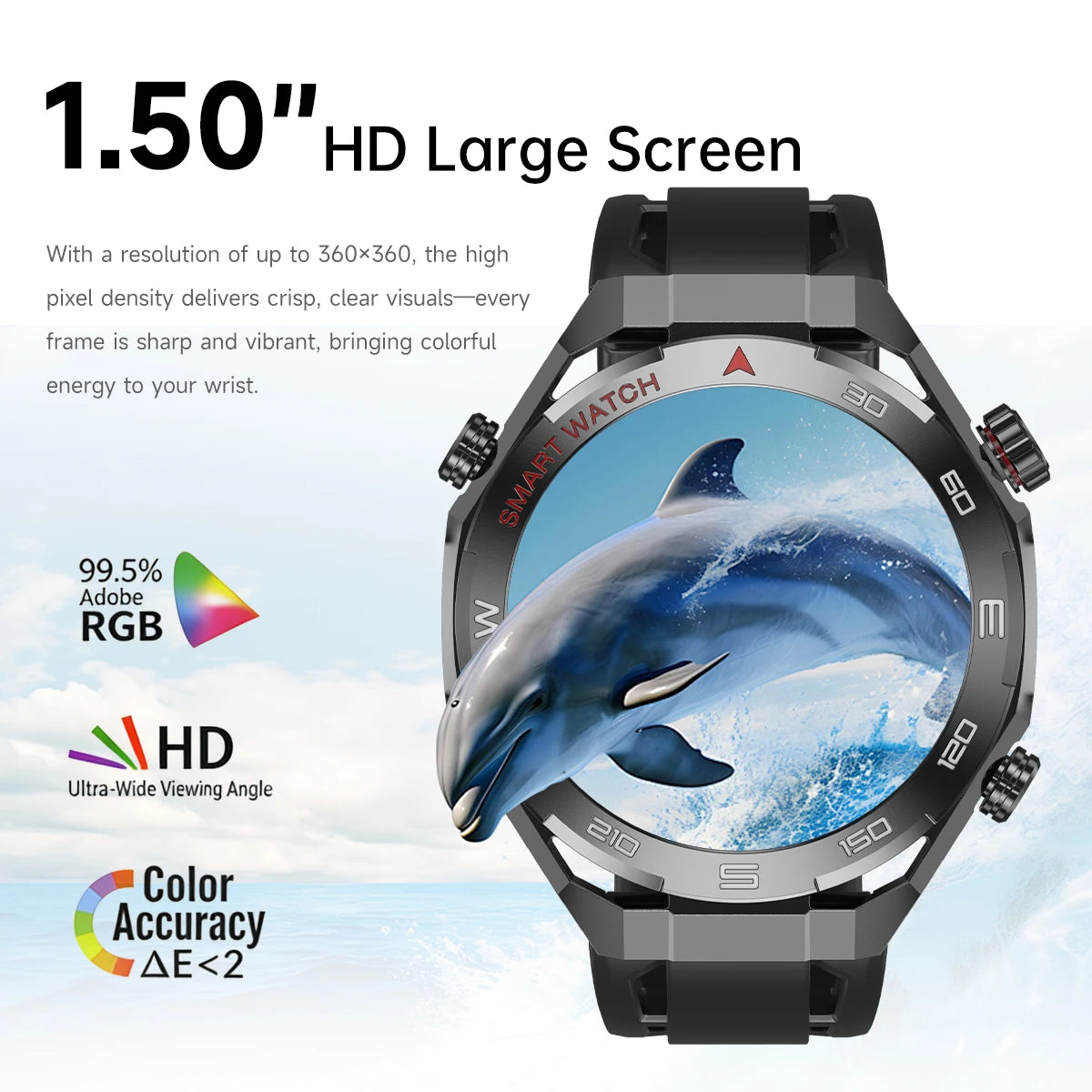 2026 smartwatch, 1.5-inch touchscreen, supports wireless calls, music, various sports modes, message sending and alarm functions