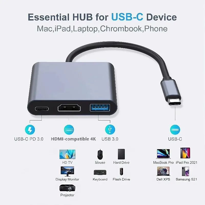 3 in 1 USB C male to female hub with 4K HDMI USB 3 0 and charging for MacBook Air 12 portable data transfer and display solution