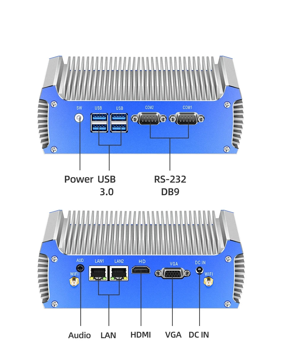 Inter Core i3 i5 i7 Industrial Mini PC Support WiFi 3G/4G LTE Linux Pfsense Computer with 2xLAN 2xRS232 4xUSB3.0 Windows10 Ready