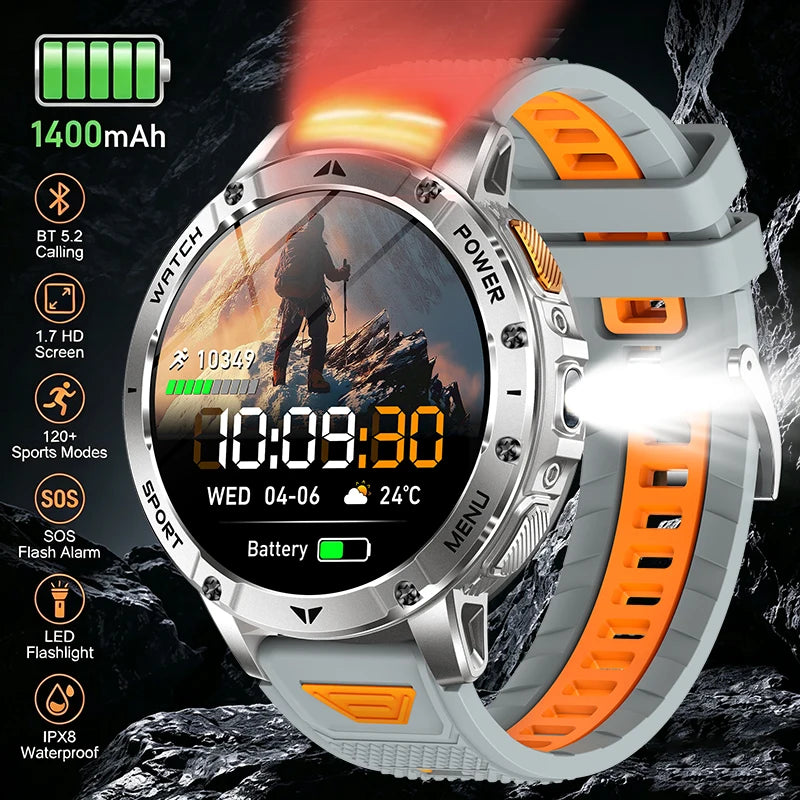 2026 Smartwatch,1400mAh battery,1.7"IPS screen,120+sports,SOS strobe alarm,IPX8 waterproof,LED light,BT Call,Xmas birthday gift