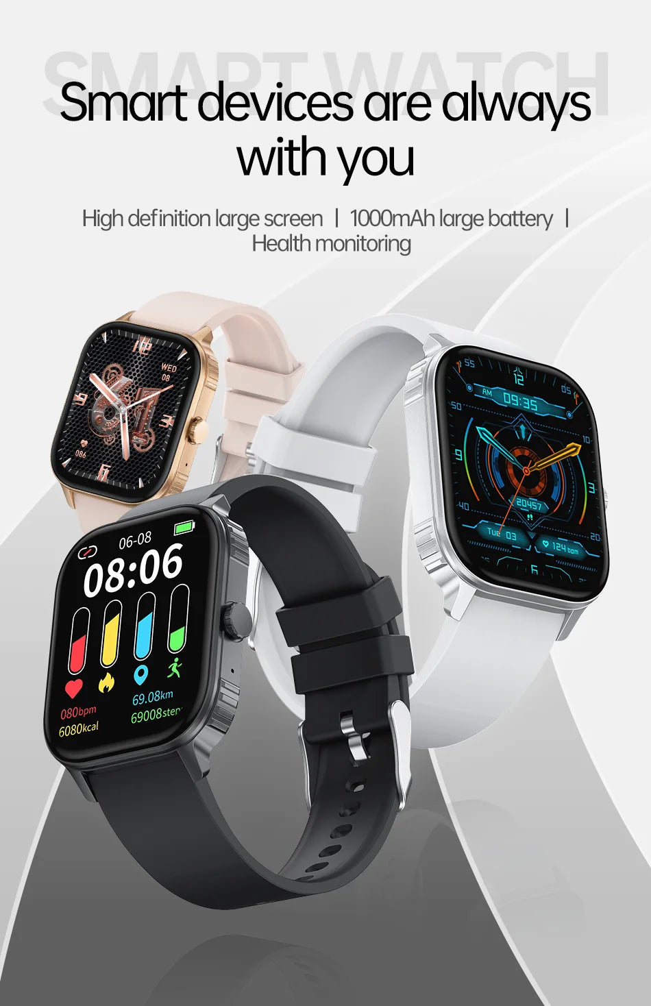 2026 upgraded smartwatch -1000mAh long battery life, 2.04-inch large screen, wireless calling, 100+sports, neutral smartwatch