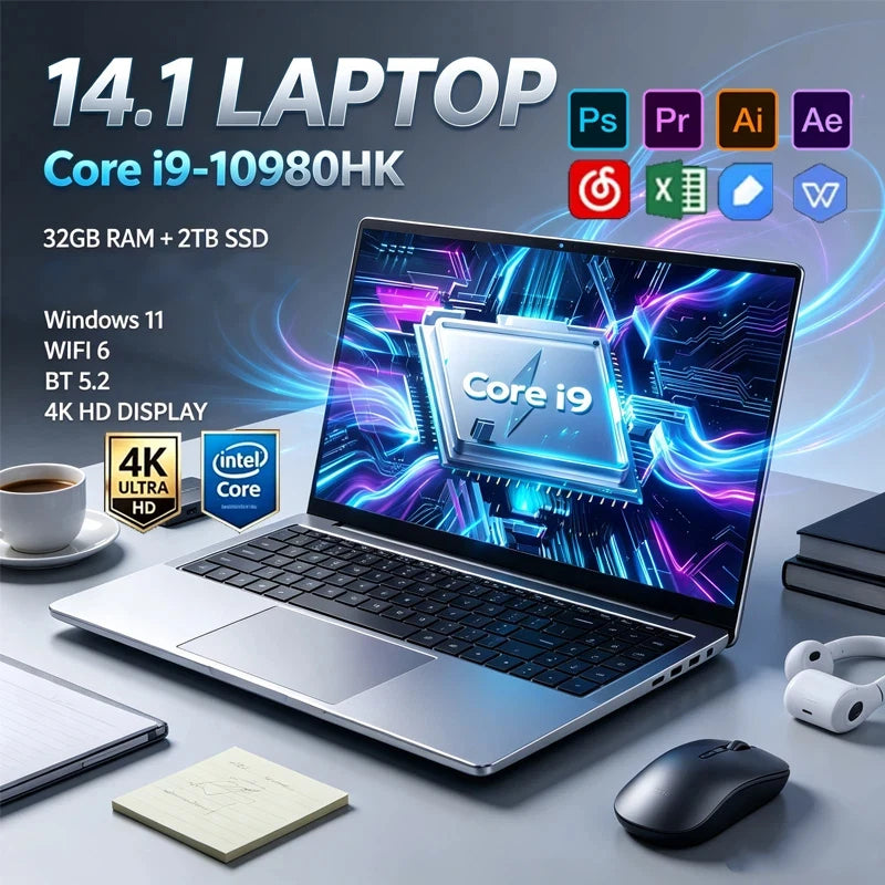 Intel i9-10980HK 14.1 Laptop,32GB RAM 2TB NVMe SSD,Win11 Pro,WiFi6 BT5.2 Screen,Thin Notebook for Gaming Design Editing Office