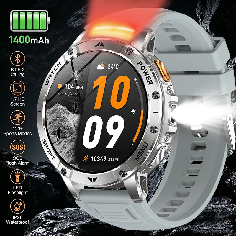2026 Smartwatch,1400mAh battery,1.7"IPS screen,120+sports,SOS strobe alarm,IPX8 waterproof,LED light,BT Call,Xmas birthday gift