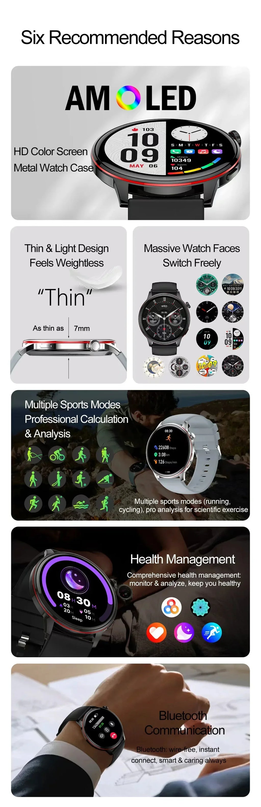 2026 Smart Fashion Watch 1.43'' 100+ Sports Mode Information Push Voice Assistant IP68 Waterproof Custom Watch Face Smart Watch