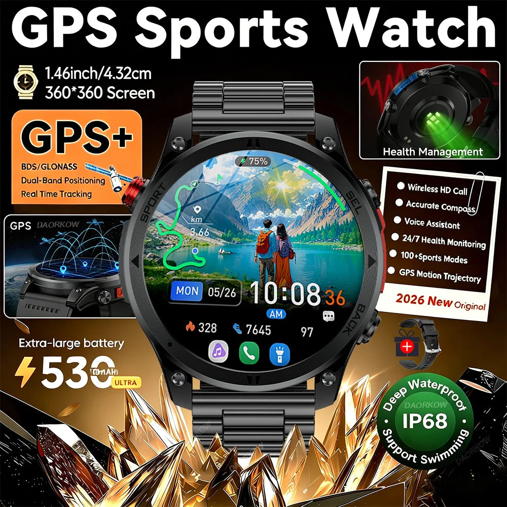 2026NEW Smart Watch Outdoors Sports MAN Bluetooth Call IP68 Waterproof Heart Rate GPS HD Screen Large Battery Health Monitoring