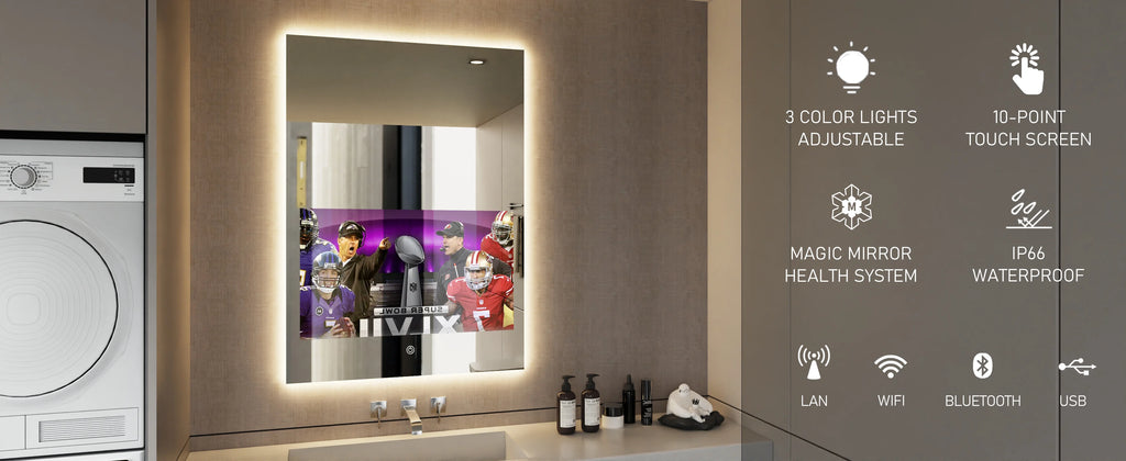 Smart Lighted Mirror With Touch Screen TV Tri-color Adjustable Light 2 in 1 Mirror TV Ideal for Hotels and RV