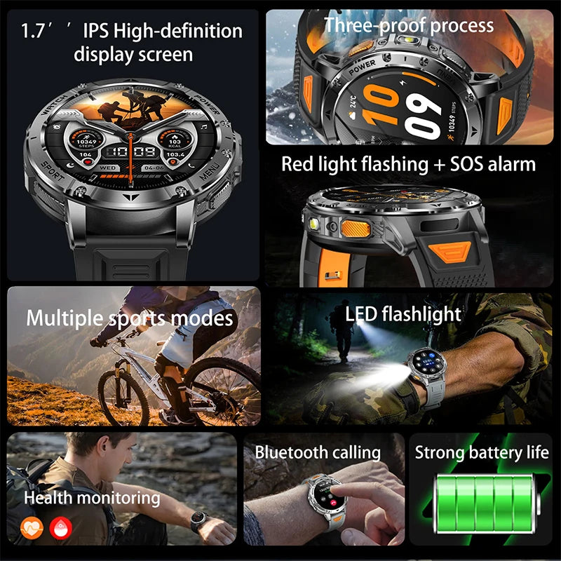 2026 Smartwatch,1400mAh battery,1.7"IPS screen,120+sports,SOS strobe alarm,IPX8 waterproof,LED light,BT Call,Xmas birthday gift