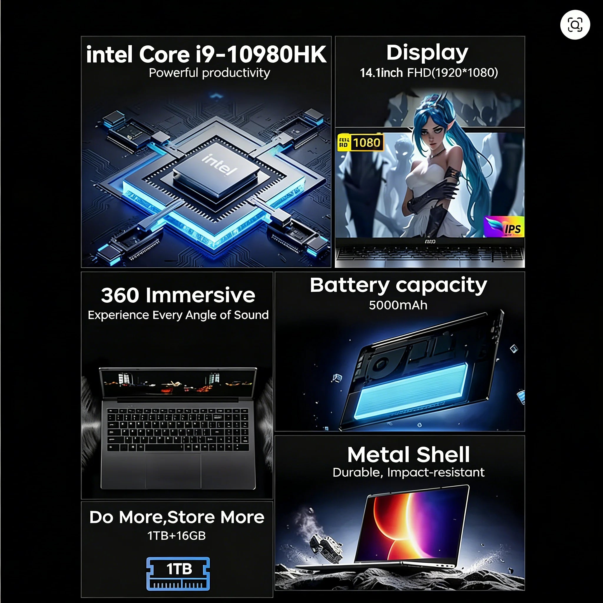 2026 14.1 Inch Laptop Intel Core I9 10980HK Windows 11 Pro 16GB DDR4 1TB SSD Portable Gaming Notebook Computer for Office Gamer