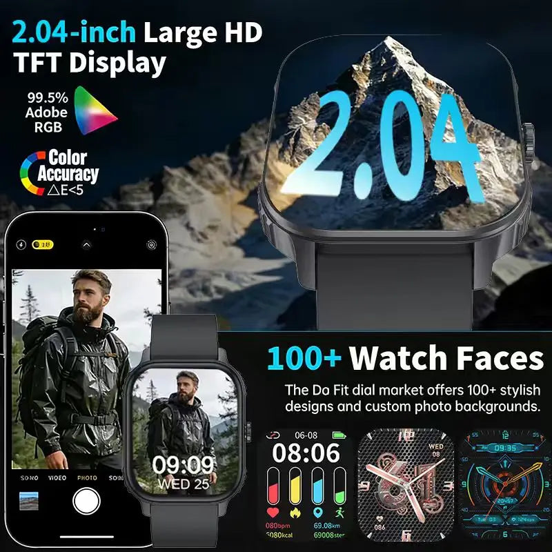 2026 upgraded smartwatch -1000mAh long battery life, 2.04-inch large screen, wireless calling, 100+sports, neutral smartwatch