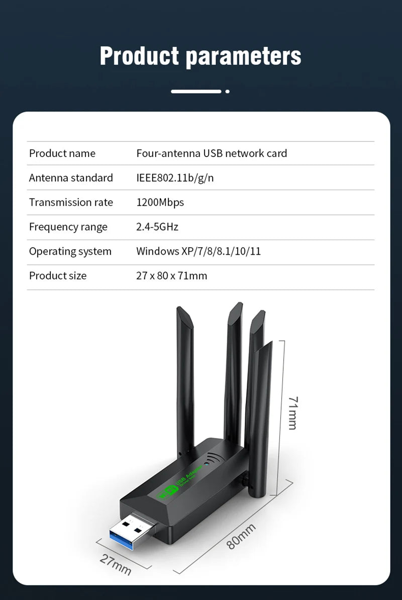 Original 4 Antennas 1200Mbps WiFi USB 3.0 Adapter 2.4G/5GHZ Dual Band WiFi Dongle Wireless Network Card 802.11AC For Win 10/11